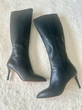 Via Spiga Dacia Almond  Toe Women's Black Leather Stiletto High Boots Size 6